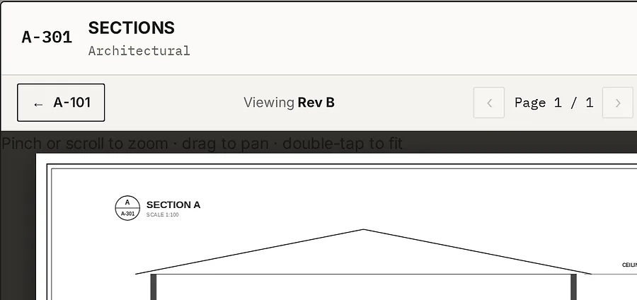 After tapping A-301: the viewer shows A-301 SECTIONS at Rev B, with a back button labelled A-101 at the left of the toolbar.