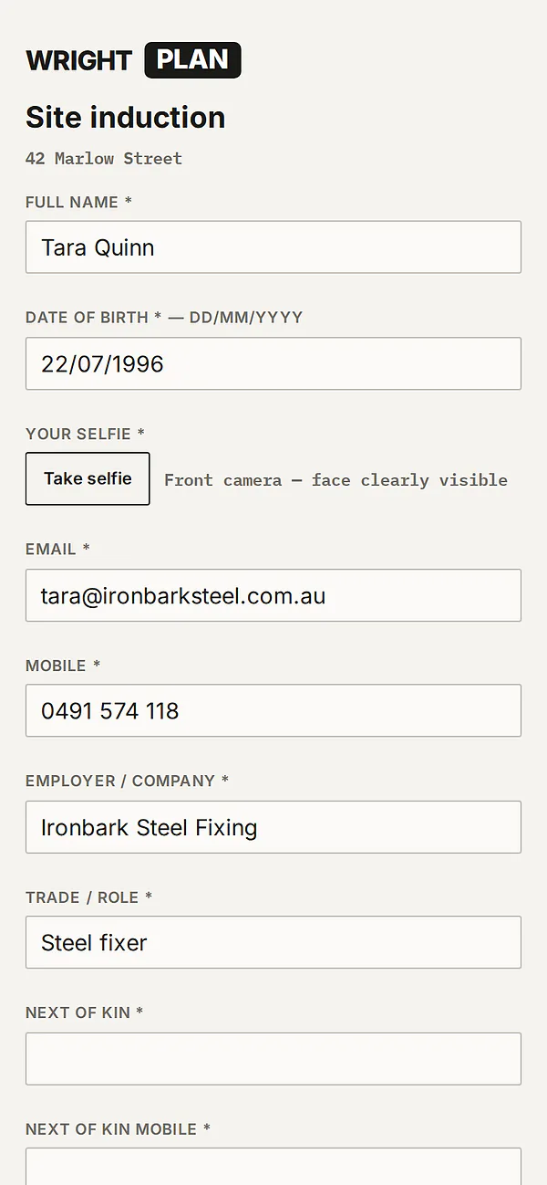 The site induction form on a phone for 42 Marlow Street, being filled in: full name, date of birth, a Take selfie button, email, mobile, employer and trade.