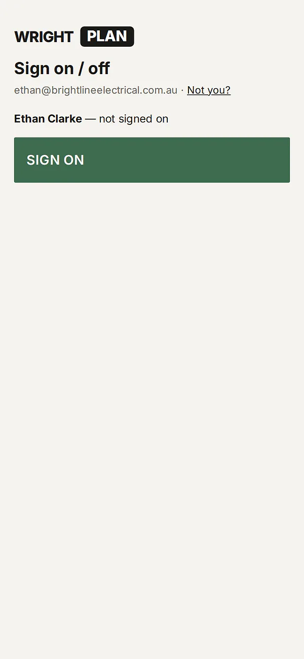 The sign on page on a worker's phone: Ethan Clarke, not signed on, and a large green SIGN ON button.